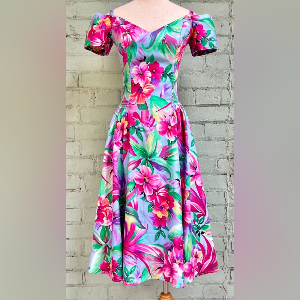 Floral Off The Shoulder Basque Waist Midi Party Dress - Picture 2 of 9